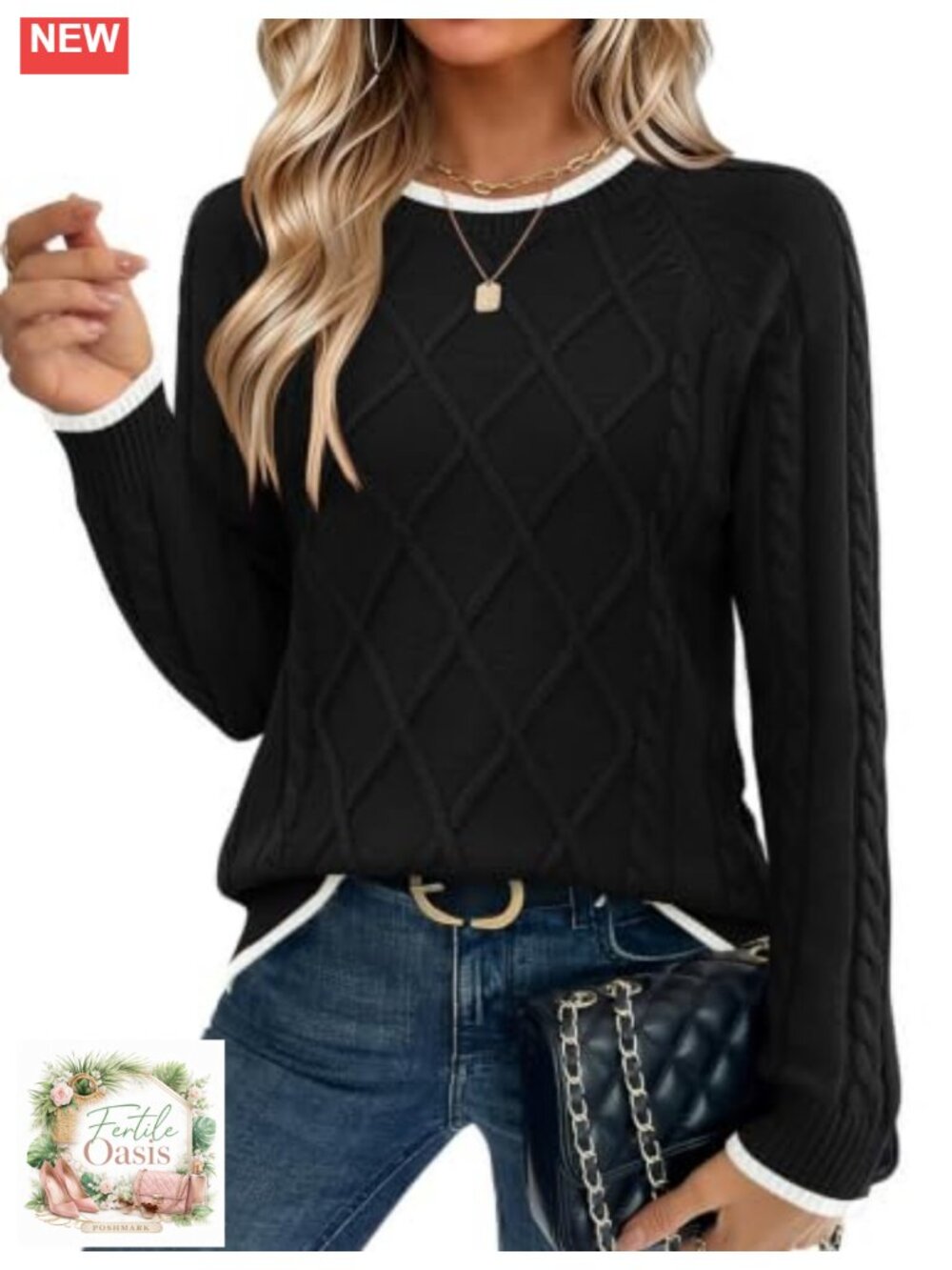 Women's Cable Knit Crew Neck Sweater Long Sleeve Cotton Blend Pullover